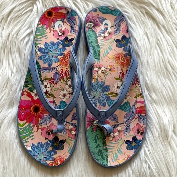 Olukai Puawe Women's Flip Flops Cloud Blue/Flower - Picture 3 of 5